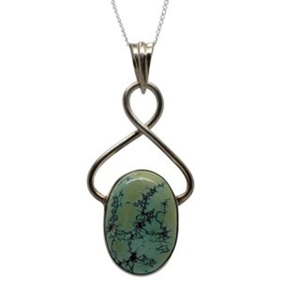 Vintage Unique Cabochon 1" x 11/16" Oval Turquoise Silver Pendant 18" - Picture 1 of 5